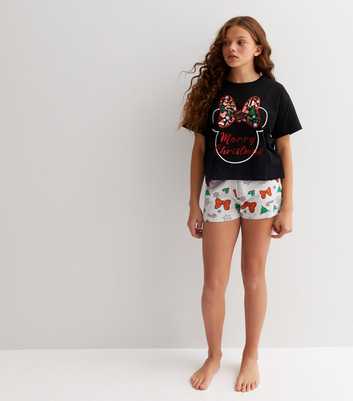 Girls Black Christmas Short Pyjama Set with Disney Minnie Mouse Print
