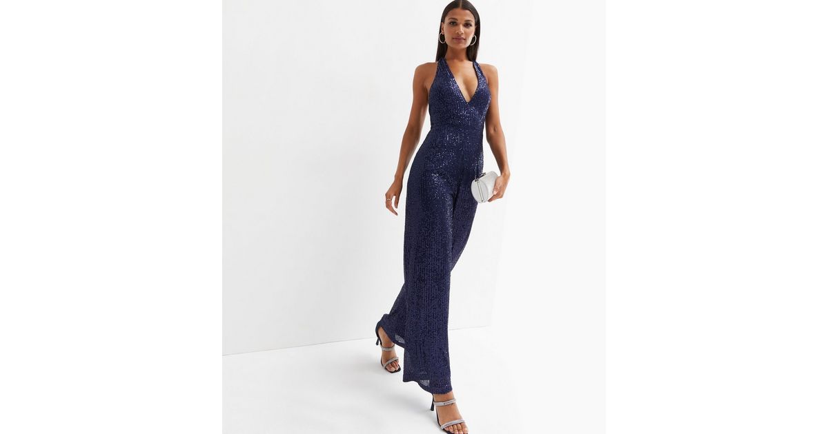 Blue Vanilla Navy Sequin Plunge Halter Jumpsuit New Look