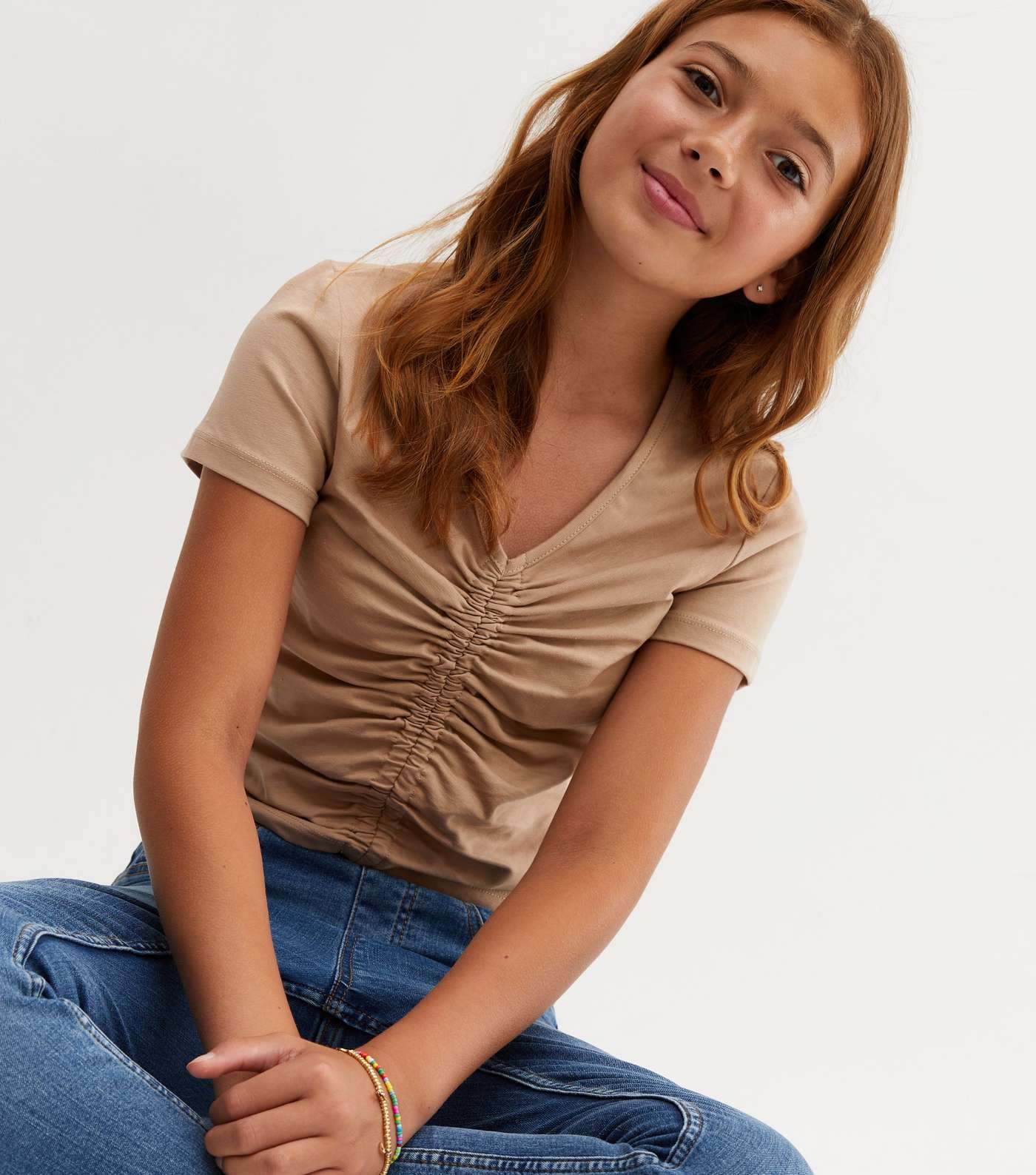 Girls Light Brown Ruched Front Top