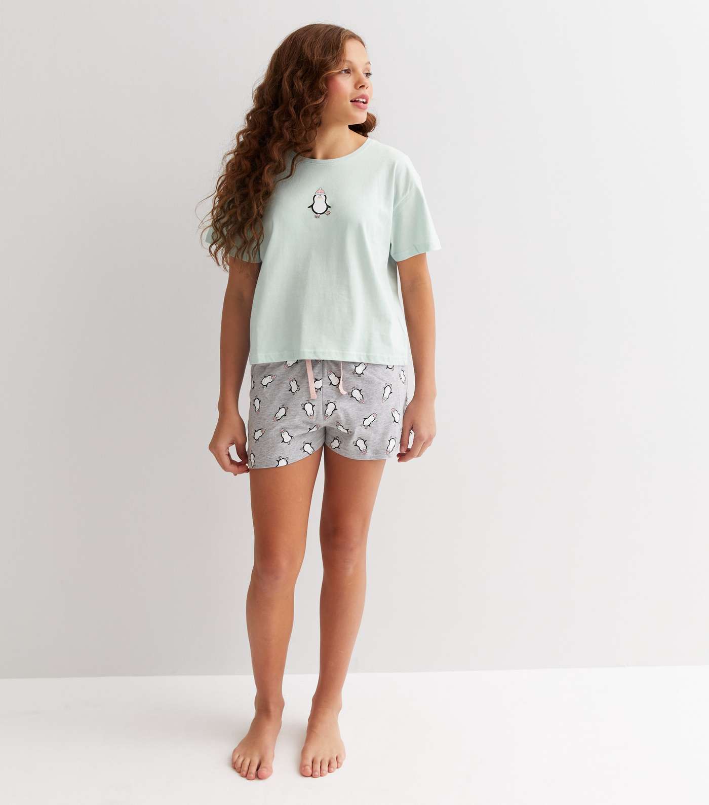 Girls Mint Green Short Pyjama Set with Penguin Print