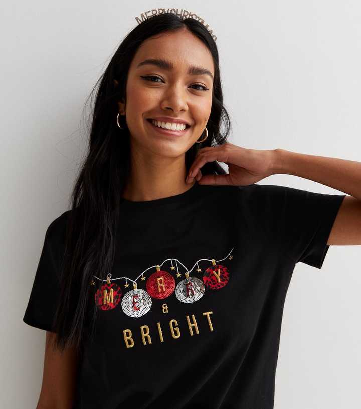 Black Merry and Bright Christmas Baubles Logo T-Shirt New Look