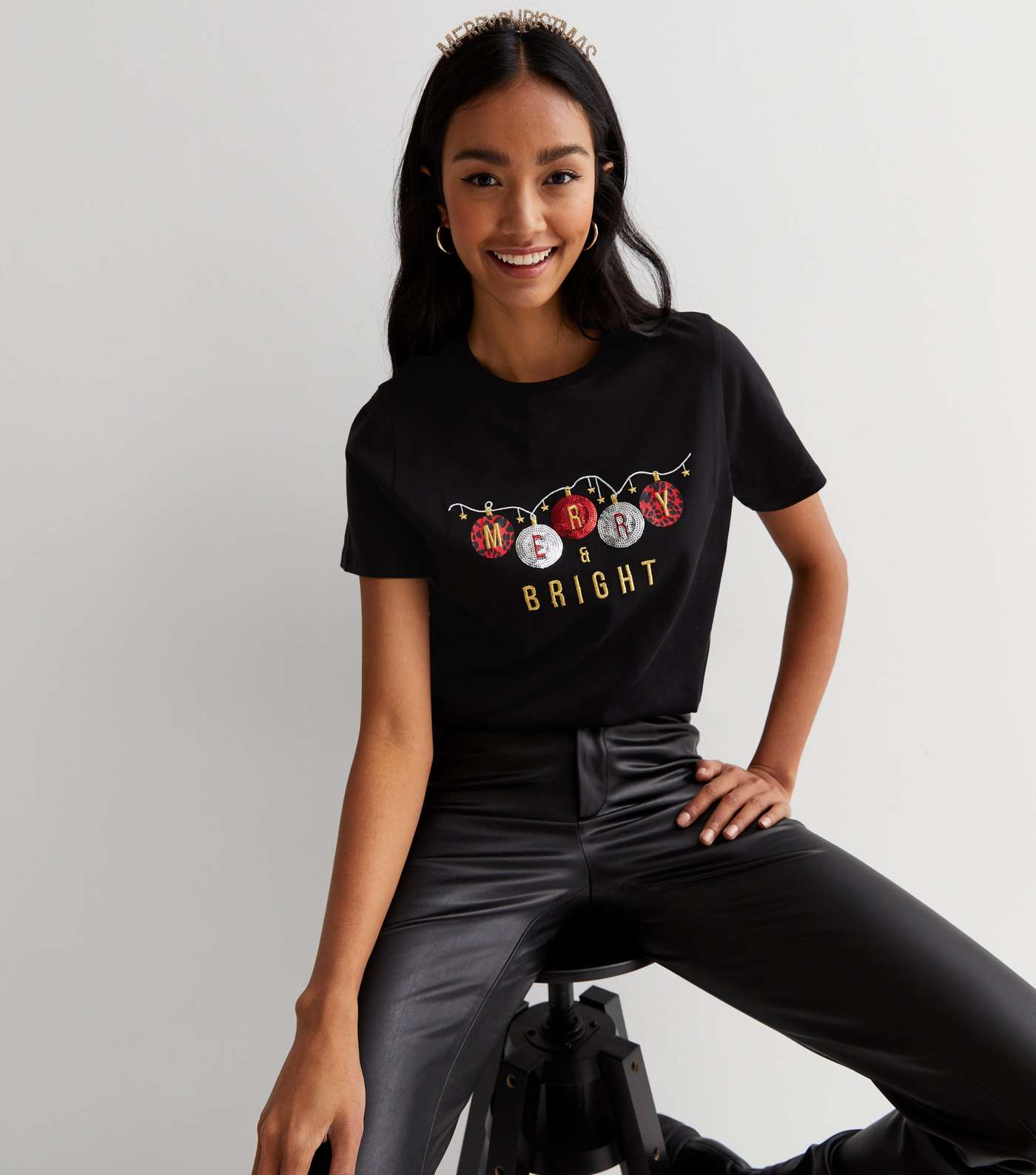 Black Merry and Bright Christmas Baubles Logo T-Shirt Image 2
