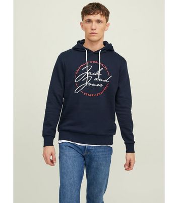 Jack Jones Navy Logo Hoodie New Look