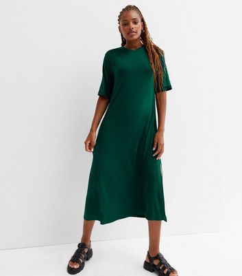 Dark Green Jersey Oversized Midi T-Shirt Dress