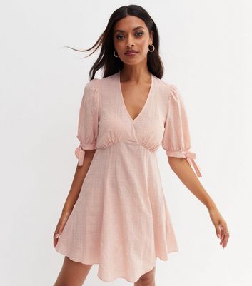 Pink Seersucker Tie Sleeve Mini Dress 