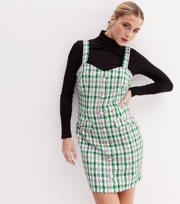 Green Check Bouclé Faux Pearl Button Strappy Pinafore Dress