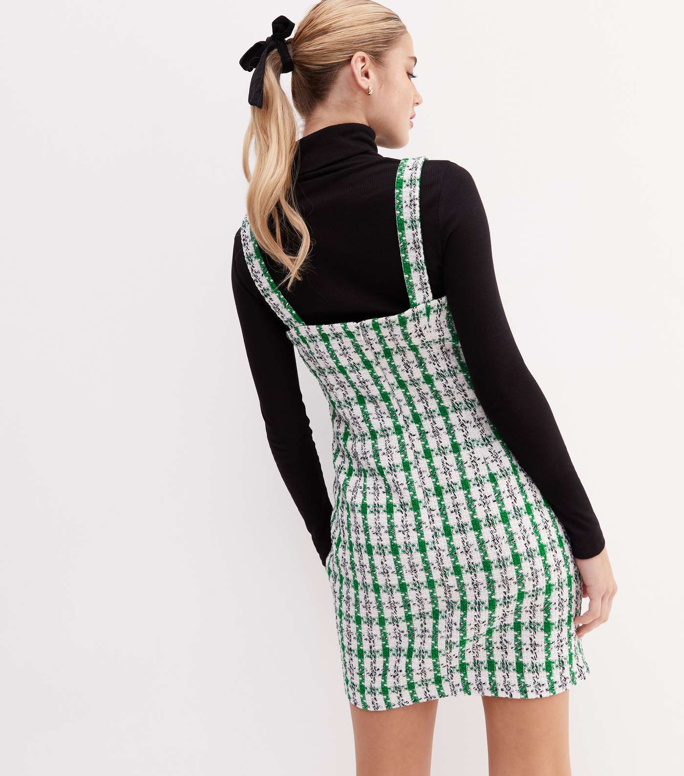 Green Check Bouclé Faux Pearl Button Strappy Pinafore Dress Image 4