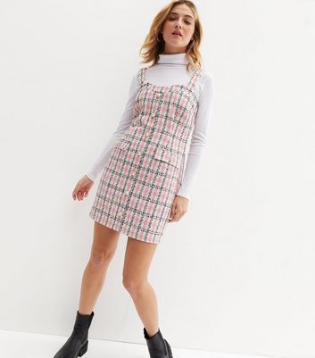 Pink Check Bouclé Faux Pearl Button Strappy Pinafore Dress
