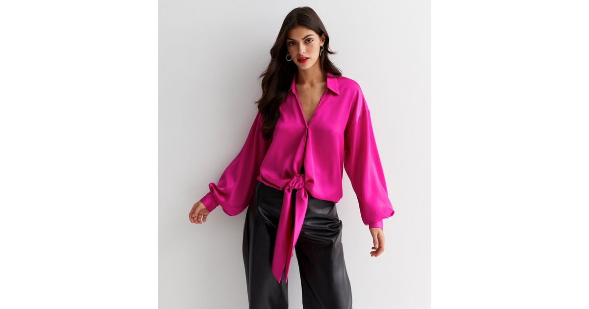 Bright Pink Satin Collared Long Sleeve Multiway Top