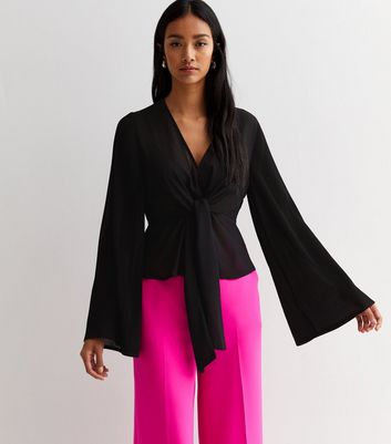 Black Pleated Sleeve Tie Front Top New Look