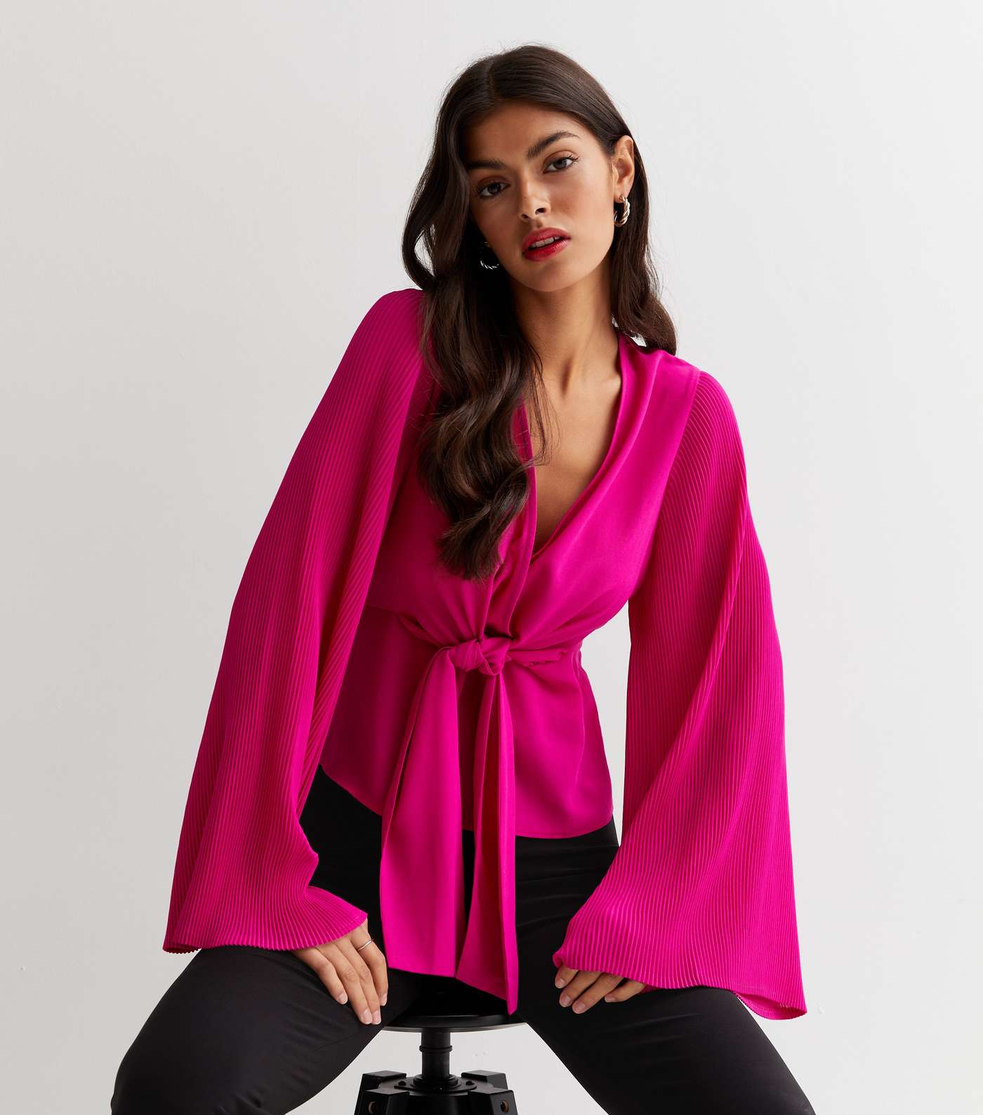 Bright Pink Pleated Sleeve Tie Front Top