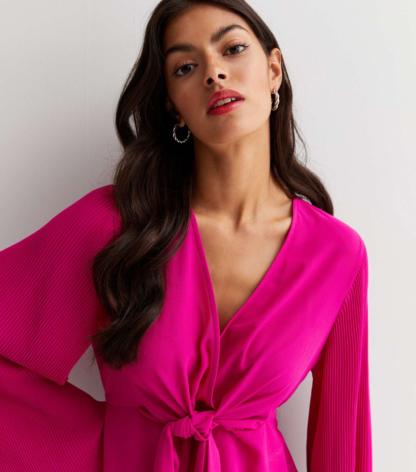 Bright Pink Pleated Sleeve Tie Front Top Image 3