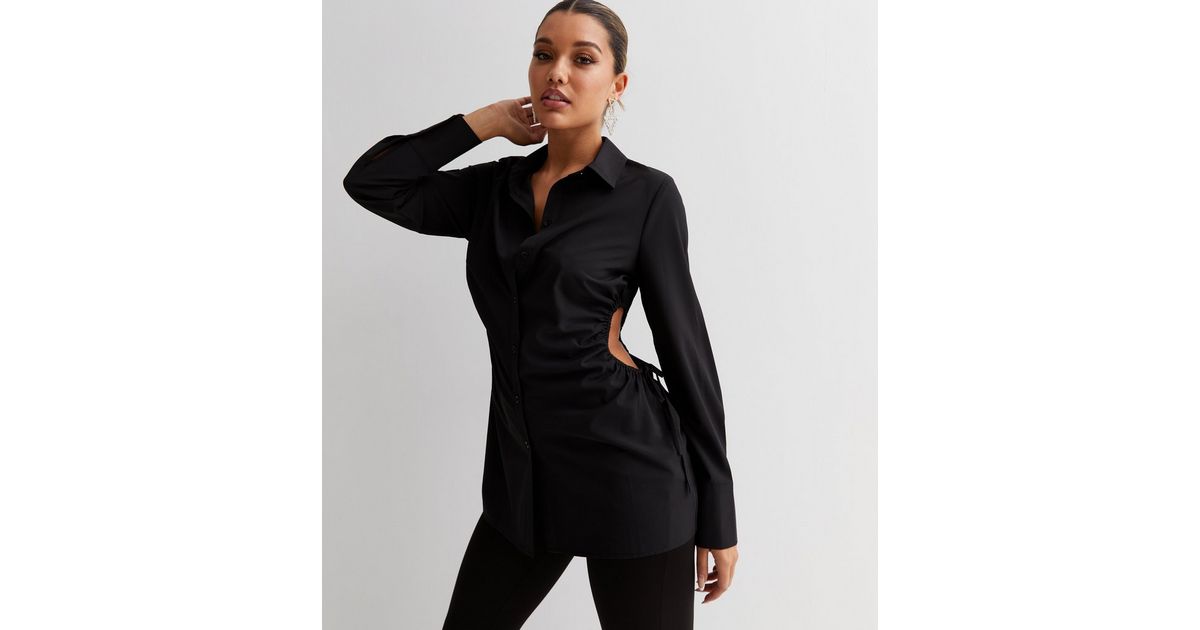 Black Collared Long Sleeve Ruched Cut Out Long Shirt New Look 6672