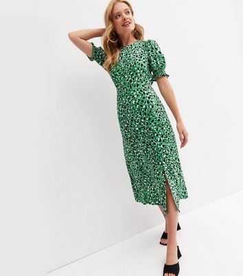 Green Leopard Print Tie Back Split Hem Midi Dress