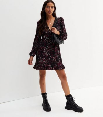 Black Ditsy Floral Lace Trim Long 