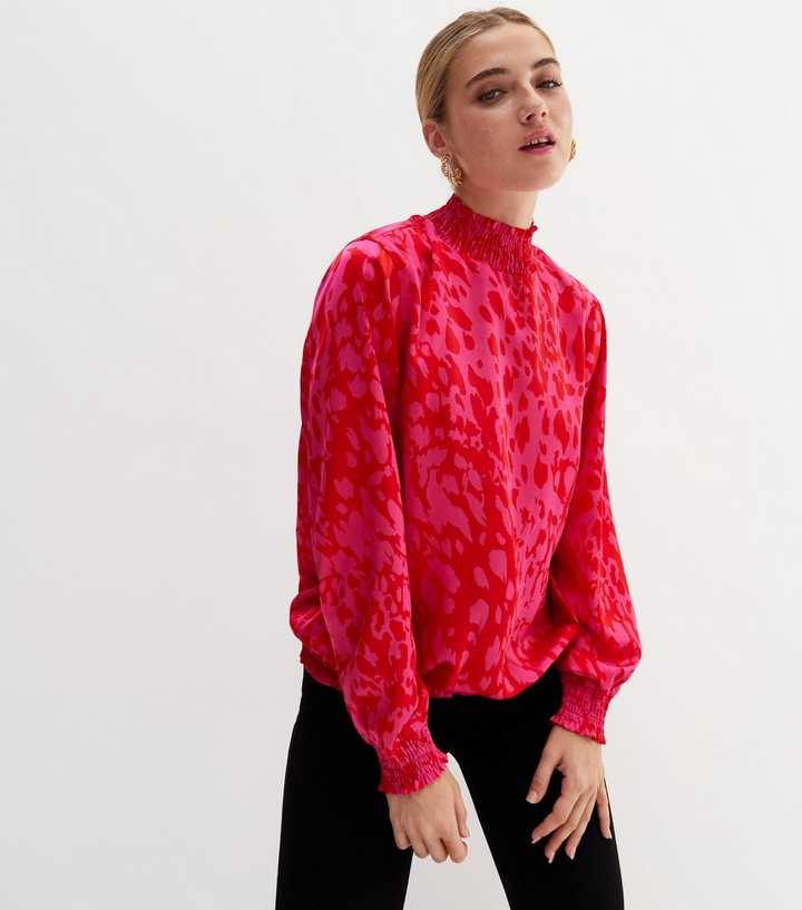 Pink Leopard Print Satin High Neck Blouse New Look