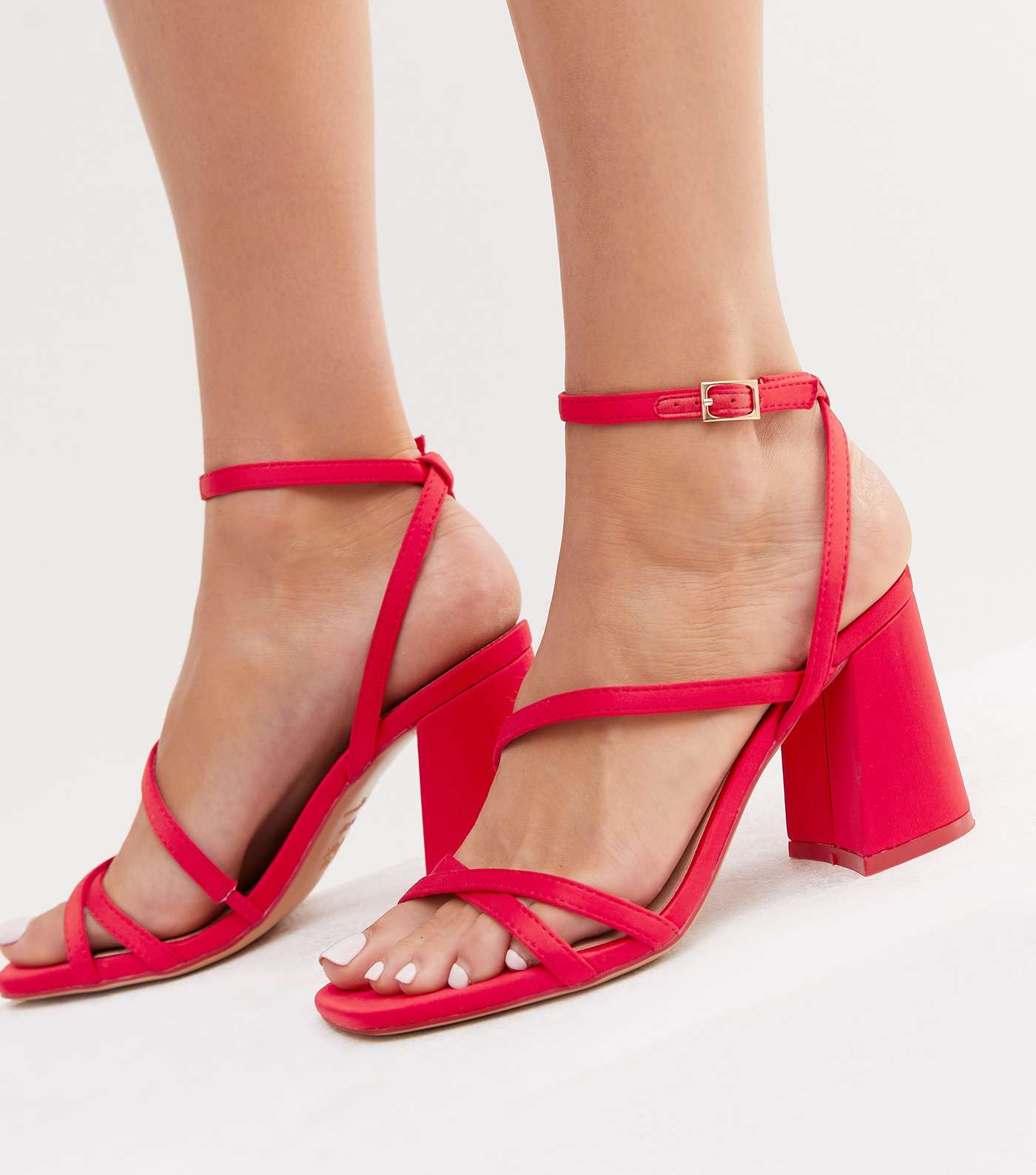 Red Satin Strappy Block Heel Sandals Image 2