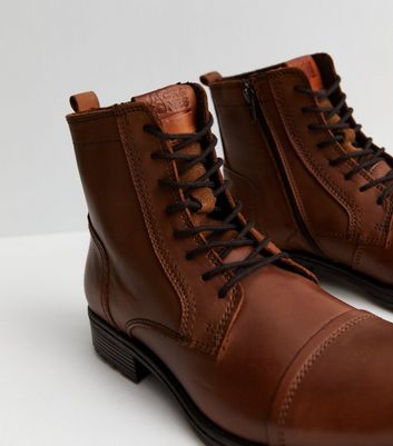 Jack & Jones leather lace up boots with cuff in brown