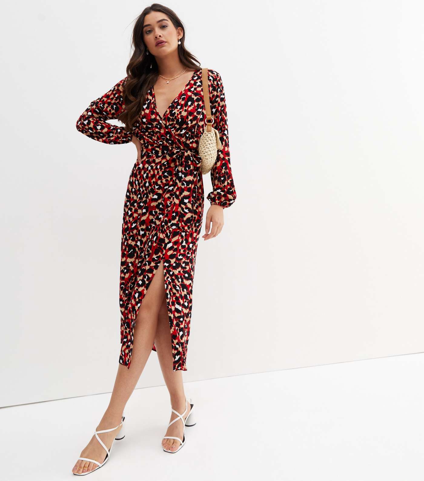 Red Leopard Print Split Hem Midi Wrap Dress