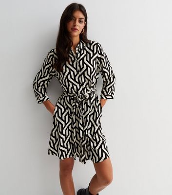 Black Geometric 3/4 Sleeve Mini Shirt Dress