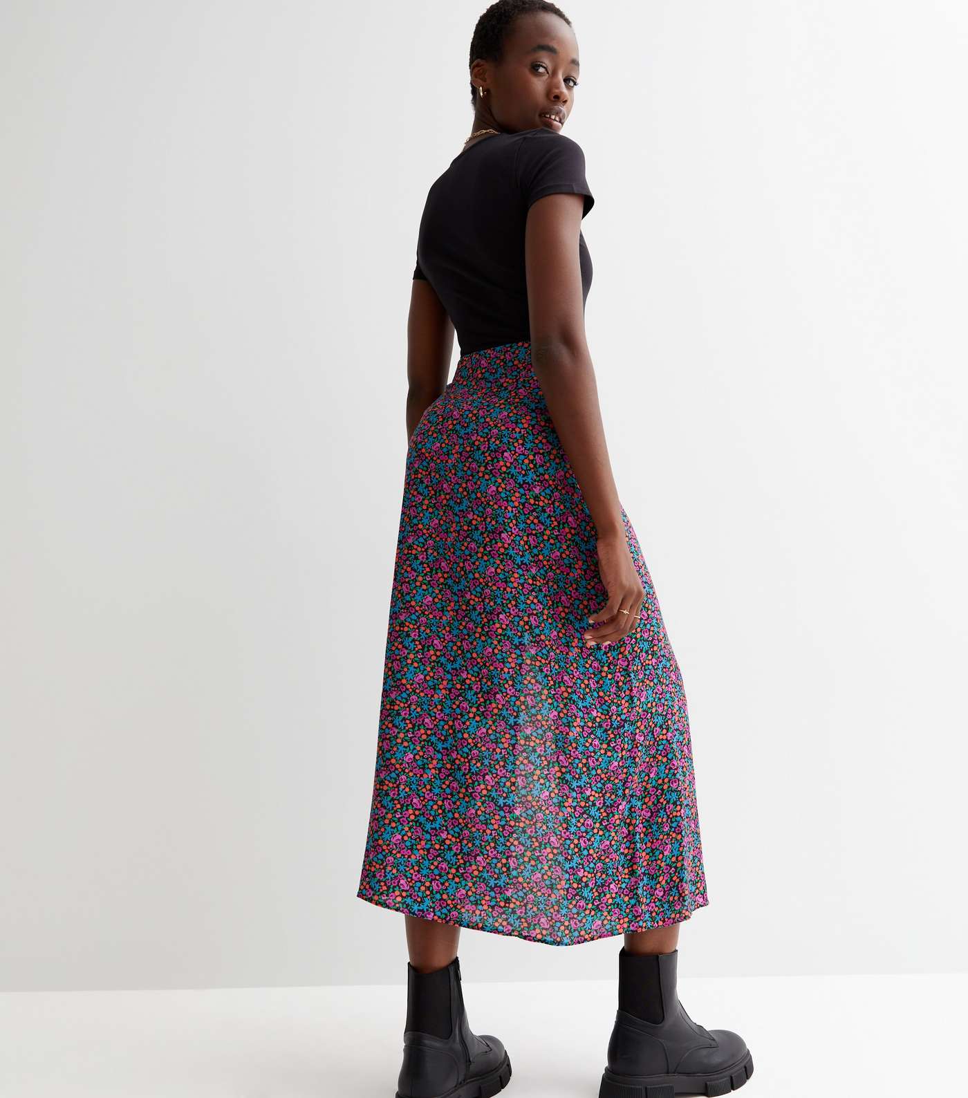 Tall Black Floral Split Hem Midi Skirt Image 4