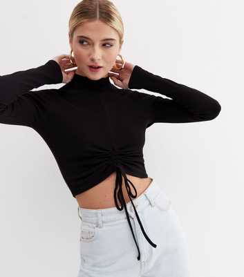 Black Ribbed Ruched Long Sleeve Crop Top