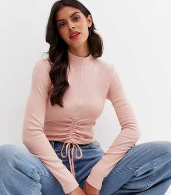 Pale Pink Ribbed Ruched Long Sleeve Crop Top