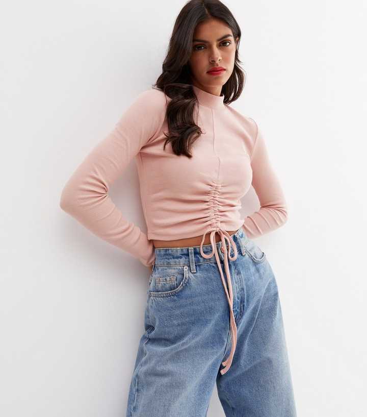 Baby Pink Ruched Long Sleeve Crop Top, Tops