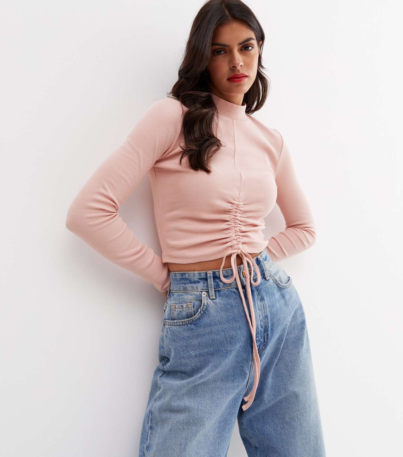 Pale Pink Ribbed Ruched Long Sleeve Crop Top Image 2