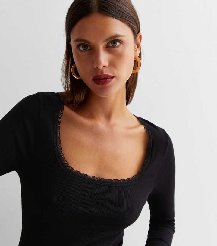 Black Ribbed Jersey Lace Trim Long Sleeve Top | New Look