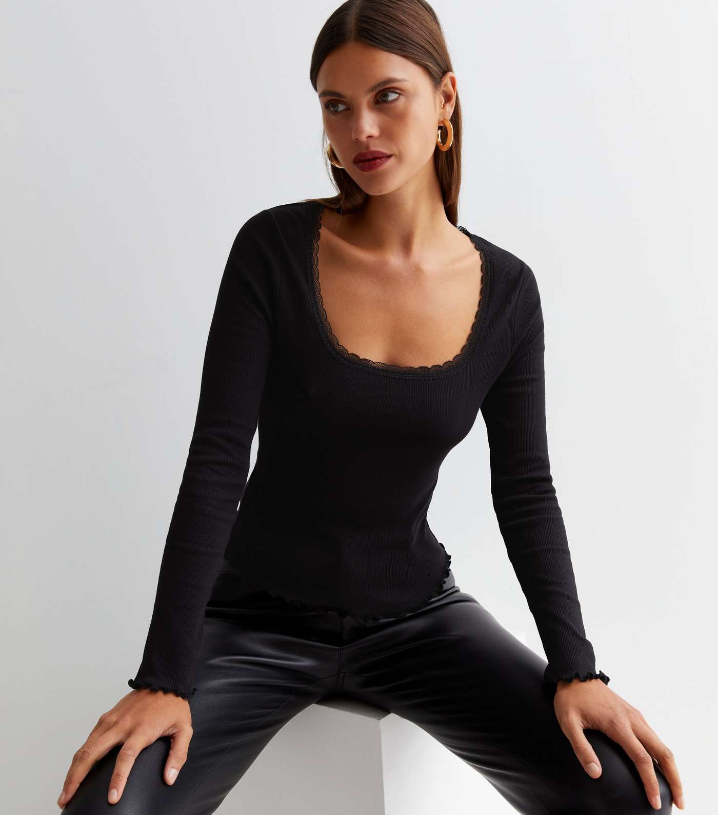Black Ribbed Jersey Lace Trim Long Sleeve Top Image 2