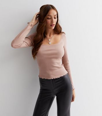 Mink Ribbed Jersey Lace Trim Long Sleeve Top | New Look