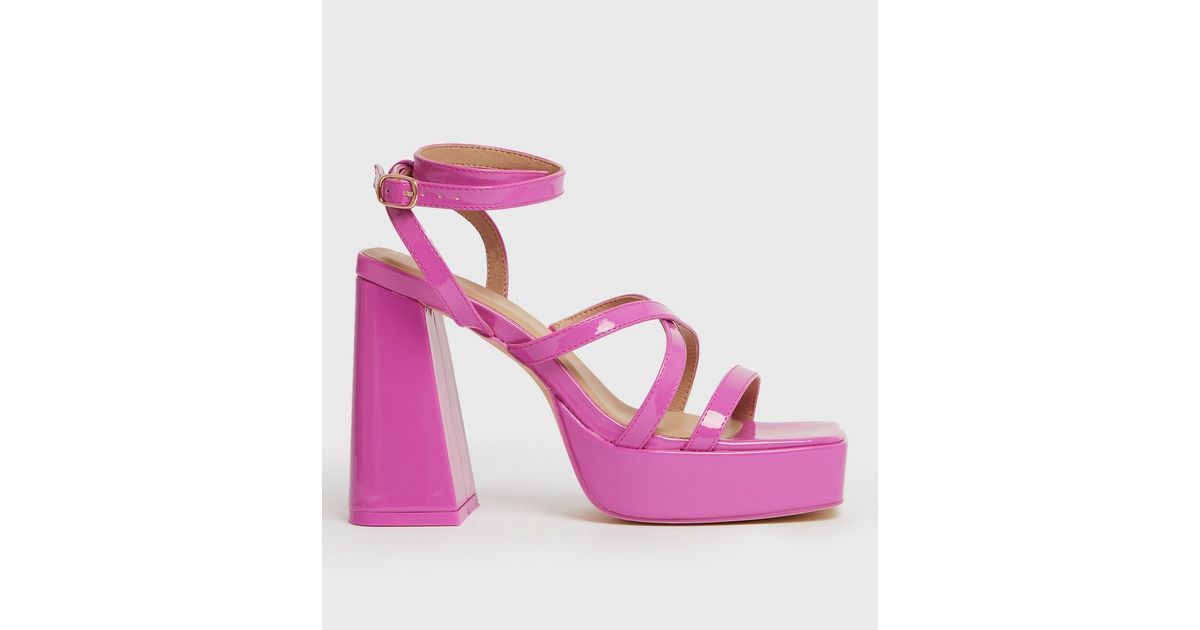 Bright Pink Patent Strappy Platform Block Heel Sandals | New Look