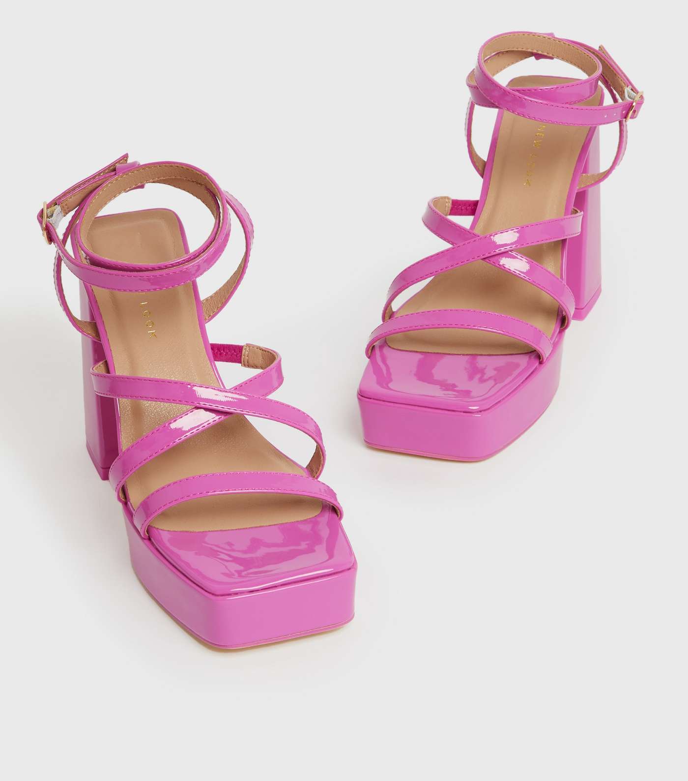 Bright Pink Patent Strappy Platform Block Heel Sandals Image 3
