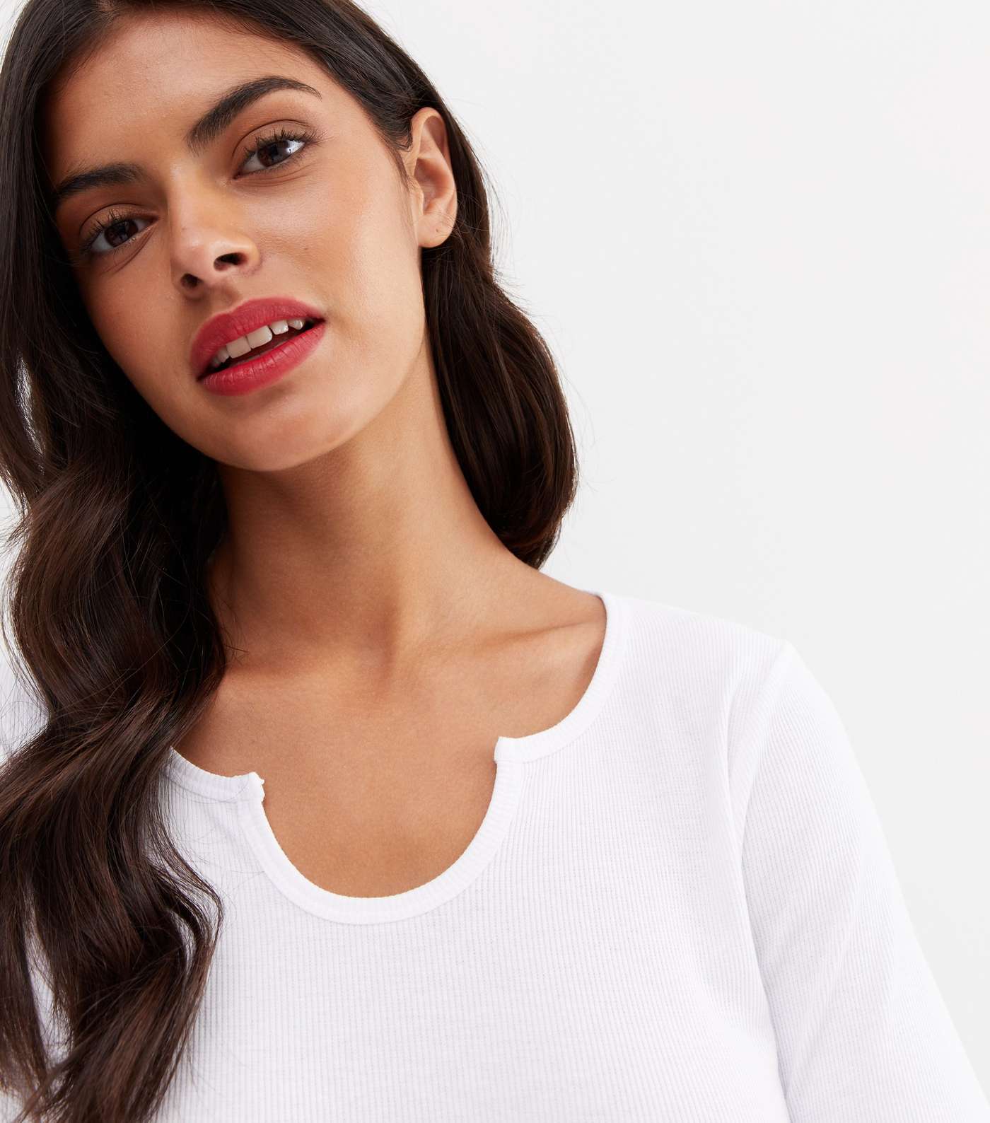 White Ribbed Long Sleeve Notch Neck Crop Top Image 3