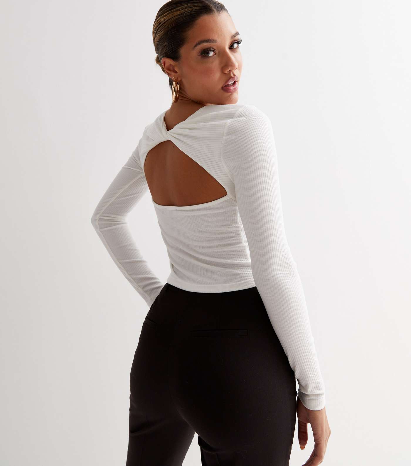 Cream Ribbed Twist Open Back Long Sleeve Top