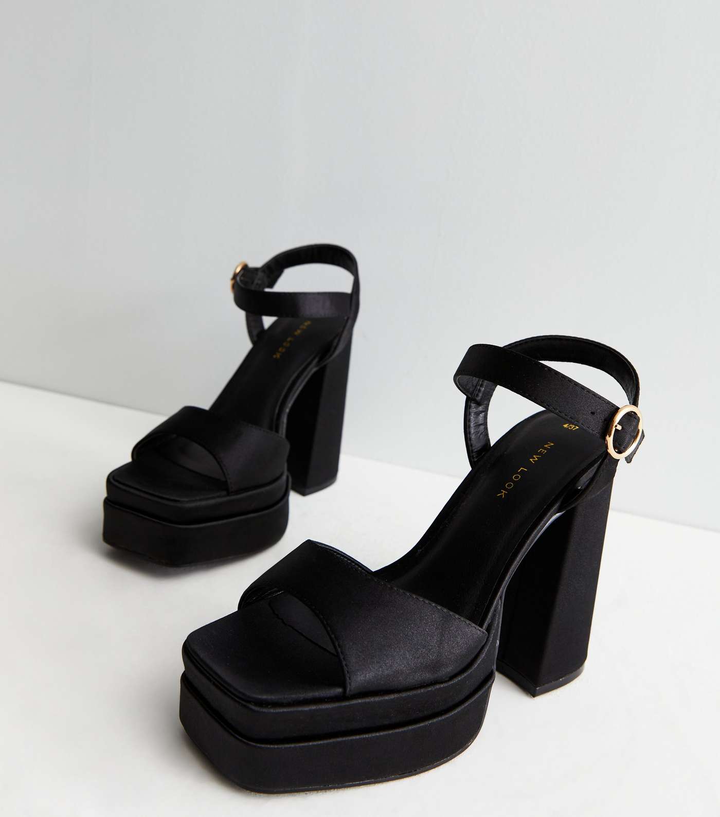 Black Satin Block Heel Platform Sandals Image 3