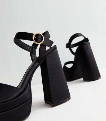 Black satin block clearance heels