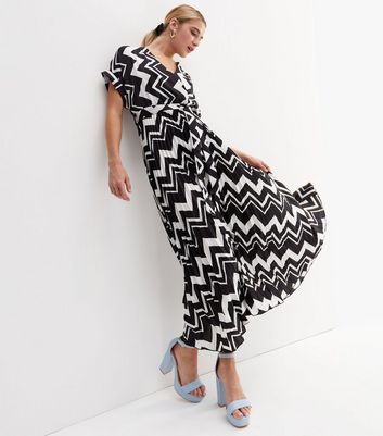 Black Chevron Satin Pleated Midi Wrap Dress