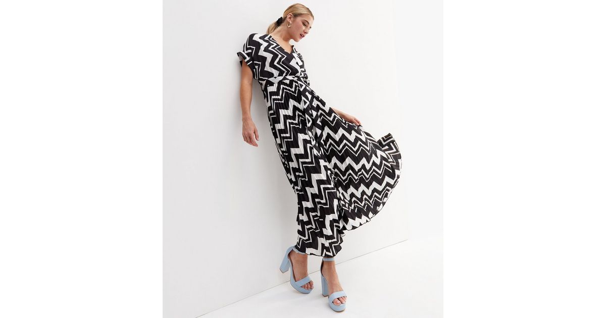 Black Chevron Satin Pleated Midi Wrap Dress | New Look