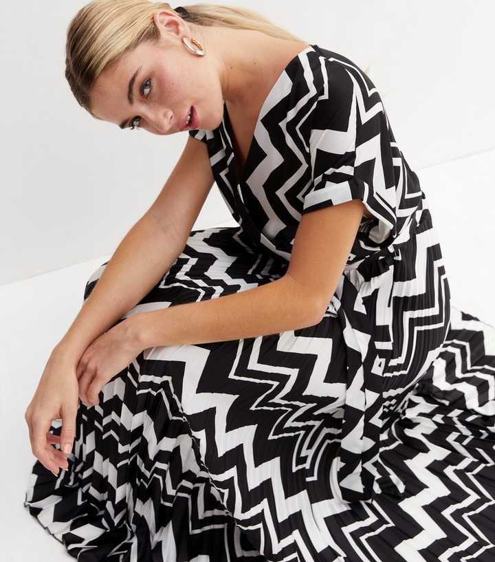 Black Chevron Satin Pleated Midi Wrap Dress | New Look