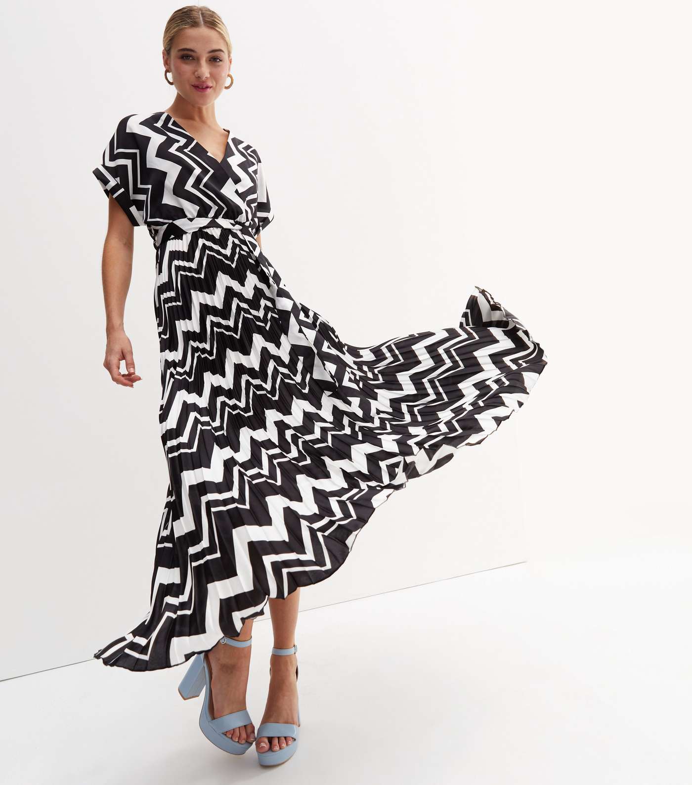 Black Chevron Satin Pleated Midi Wrap Dress Image 3
