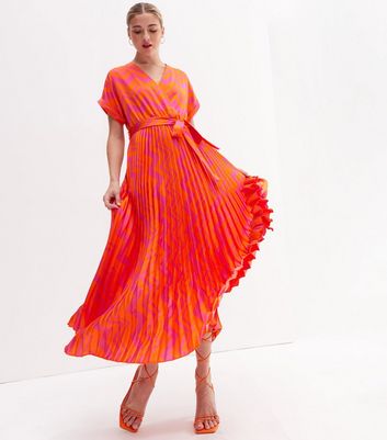 Orange Chevron Satin Pleated Midi Wrap Dress | New Look