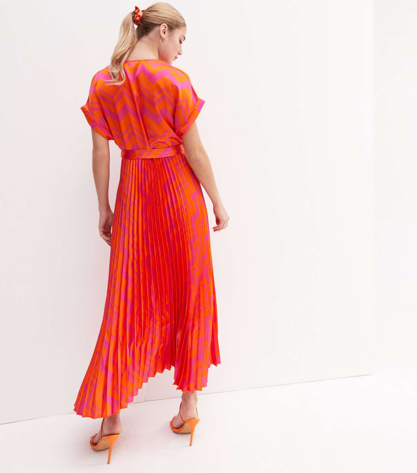 Orange Chevron Satin Pleated Midi Wrap Dress Image 4