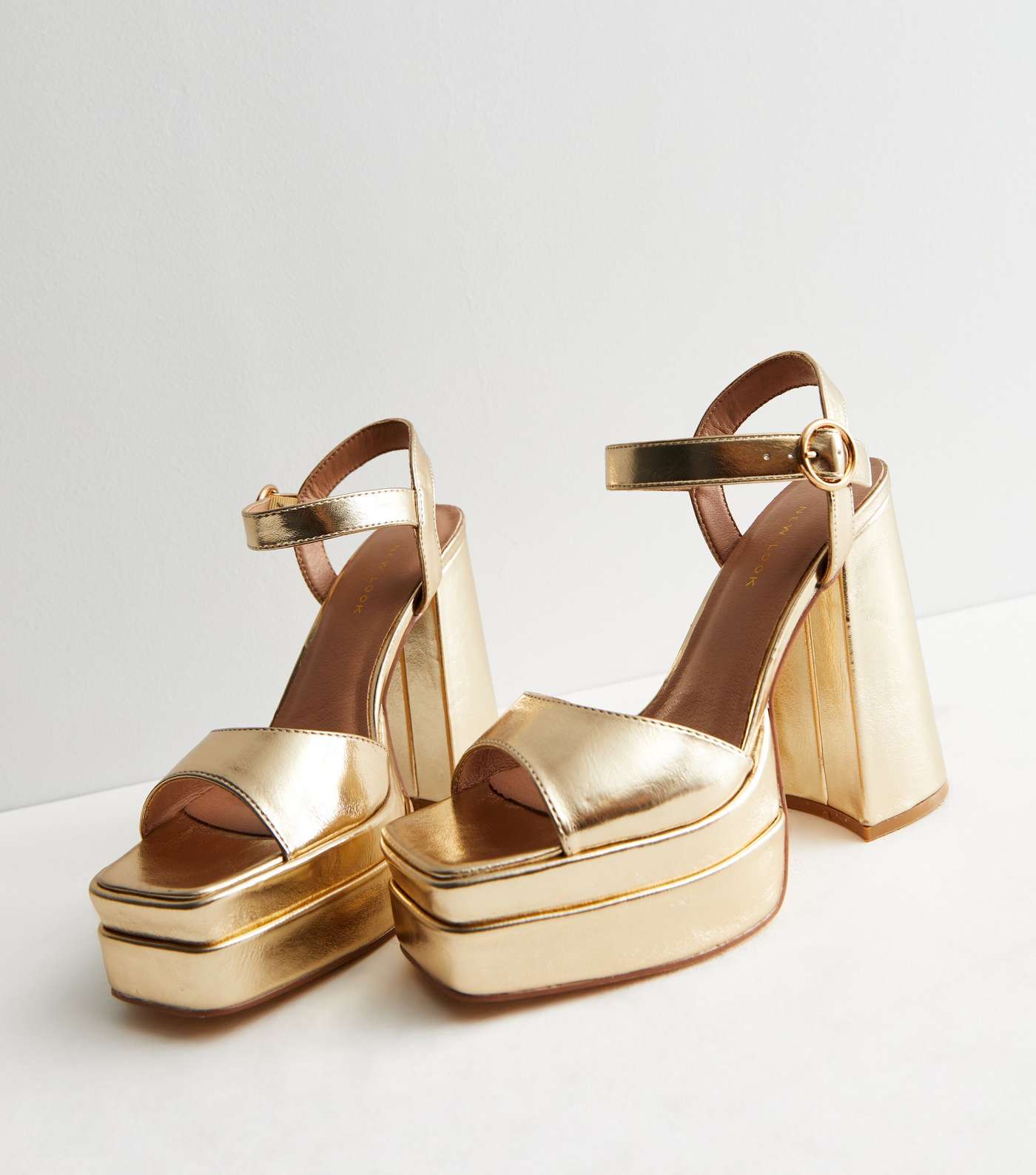 Gold Metallic Double Platform Block Heel Sandals