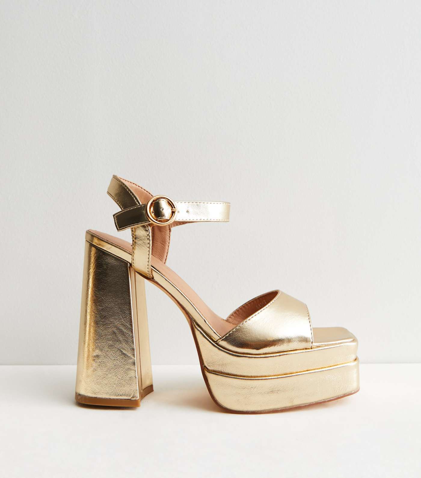 Gold Metallic Double Platform Block Heel Sandals Image 3