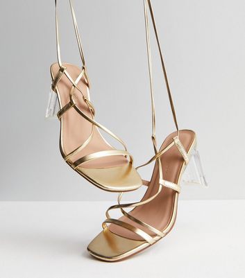 Gold strappy sandals mid heel fashion