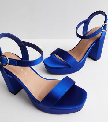 wide fit blue satin block heel platform sandals