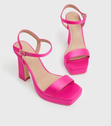 Bright Pink Satin Block Heel Platform Sandals New Look