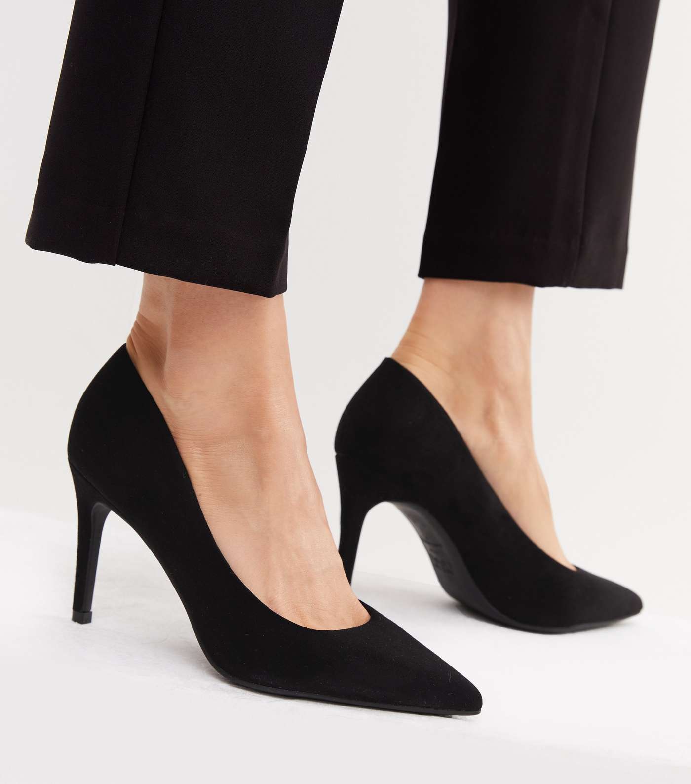 Black Suedette Pointed Stiletto Heel Court Shoes Image 2